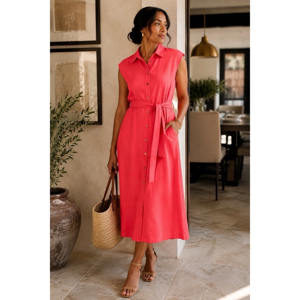 Anne Klein Coral Pink Linen Belted Button Front Midi Shirt Dress NWT